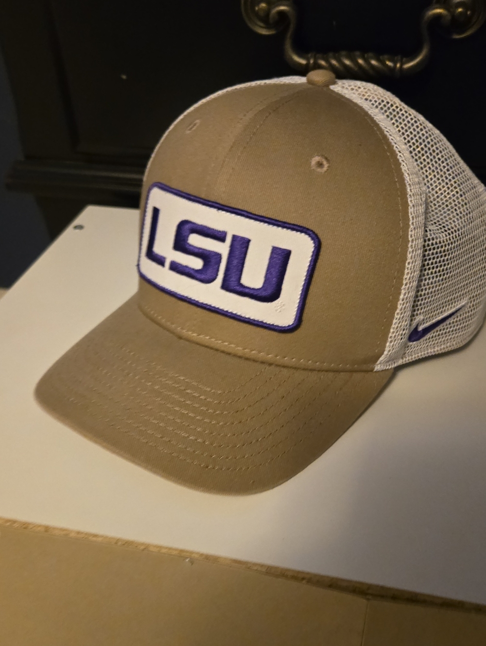 Nike Khaki and White LSU Trucker Hat with Purple Logo